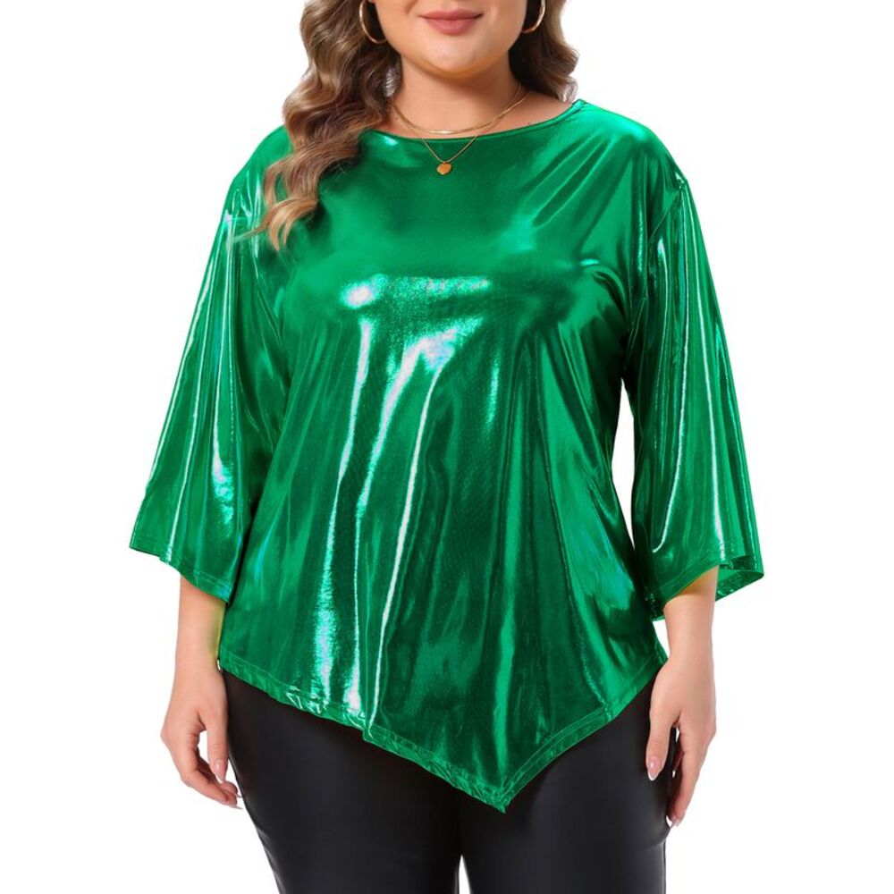 Women Plus Size Metallic Crew Neck 3/4 Bell Sleeve Tops Green